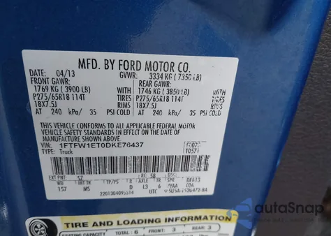 2013 Ford F-150 Xlt from USA, damaged, VIN 1FTFW1ET0DKE76437